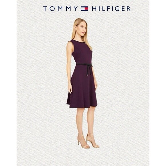 “Tommy Hilfiger” Women's Tie-Waist Scuba Crepe Plum Colored Dress Size 10 - Picture 1 of 6